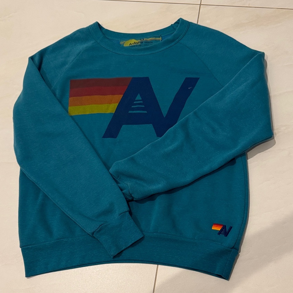 Aviator Nation Teal Crewneck Sweater with Rainbow Accent